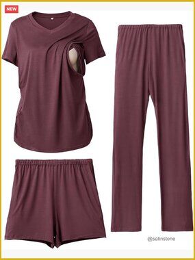3pc Maternity Nursing Pajama Set V Neck Sleepwear Postpartum Shorts & Pants